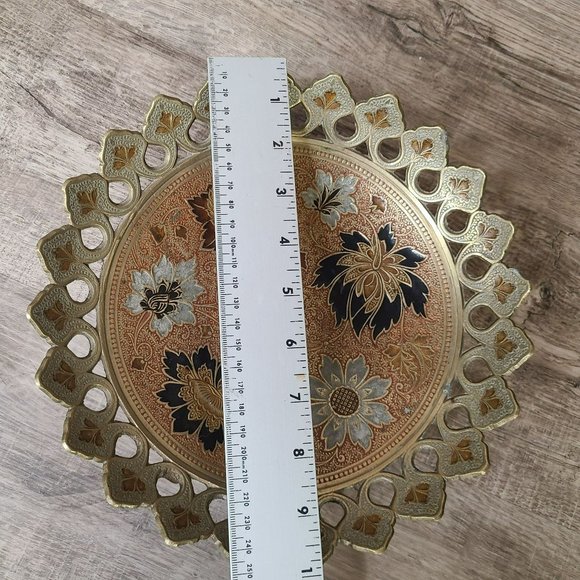 Vtg Enamel & Brass Pedestal Bowl Tray Floral Design Solid Cut 10" Made in India - Picture 13 of 14